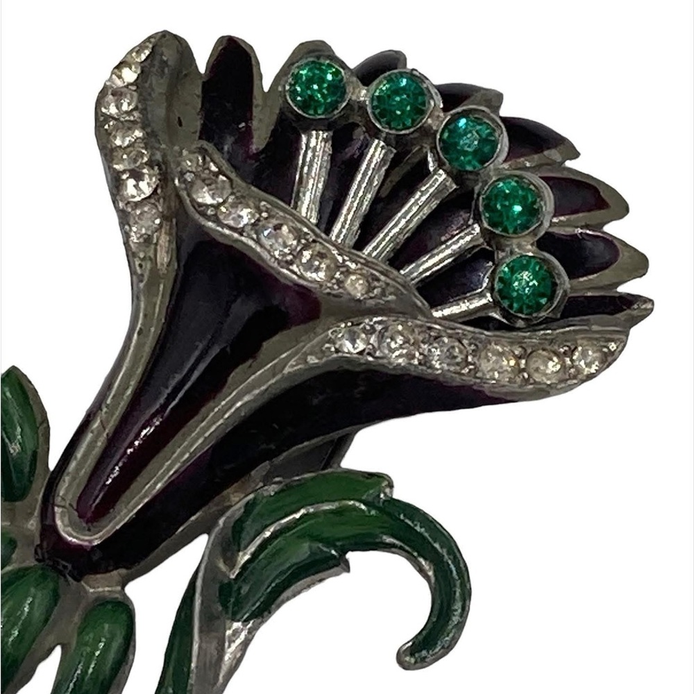 Rare Vintage Coro Enamel Rhinestone Trembler Flower Brooch Perfume Pocket - Picture 2 of 6